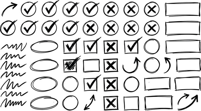 Hand drawn checkmarks and checkbox icons set