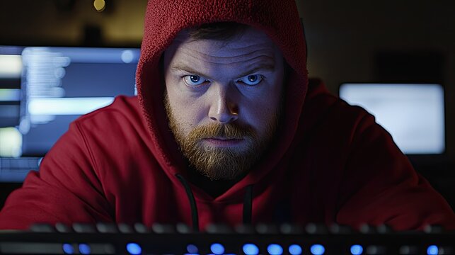 Intense man in red hoodie, late-night computer work, dark room