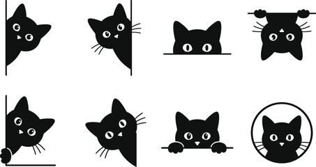 Set of black cat silhouettes peeking from corners and edges on a white background © MD