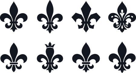 Set of eight black fleur de lis symbols and heraldic on a white background, shapes © MD