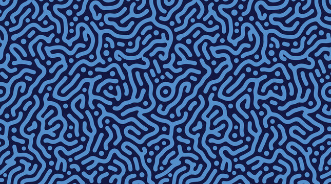 Seamless pattern with blue organic wavy lines and dots on a dark blue background, in maze style