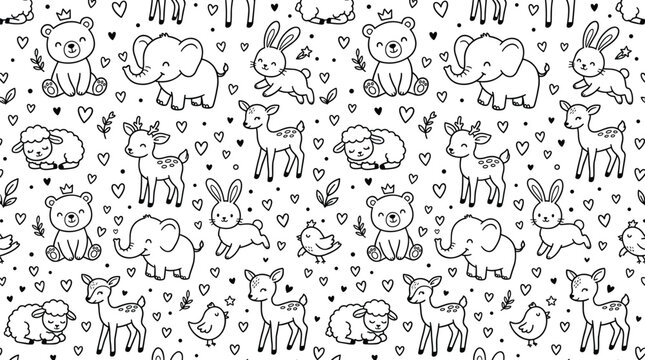 Seamless pattern with cute hand drawn baby animals including bears, elephants, bunnies, and deer