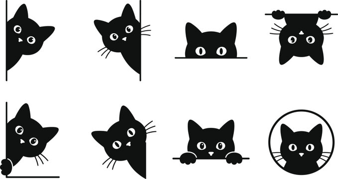 Set of black cat silhouettes peeking from corners and edges on a white background