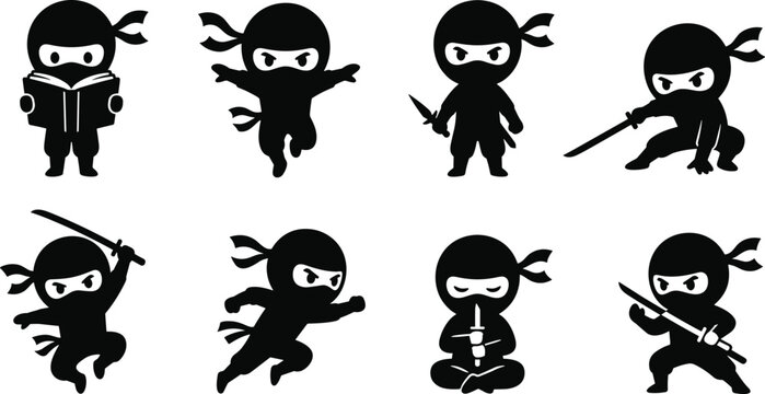 Set of eight black silhouette ninja characters in various action poses including fighting and meditating