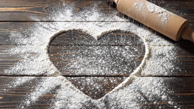 Heart shaped flour on rustic table. Romantic baking, homemade pastry and Valentine recipe background.