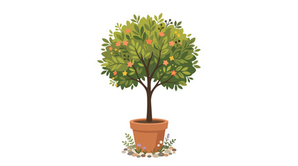 Naklejka premium Beautiful Potted Orange Citrus Fruit Tree in Terracotta Clay Pot with Greenery and Garden Stones Illustration