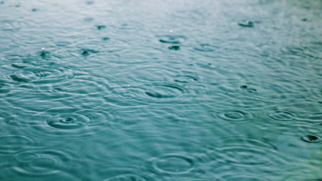 Rain falling on water creates mesmerizing circular ripples expanding across turquoise surface in slow motion. Raindrops impact calm water producing concentric wave patterns in close-up detail.