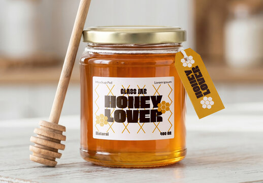 Honey Glass Jar Label Mockup with Wooden Dipper