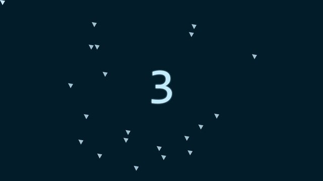 Minimalist countdown timer with floating geometric triangle particles on dark blue animation 4k background