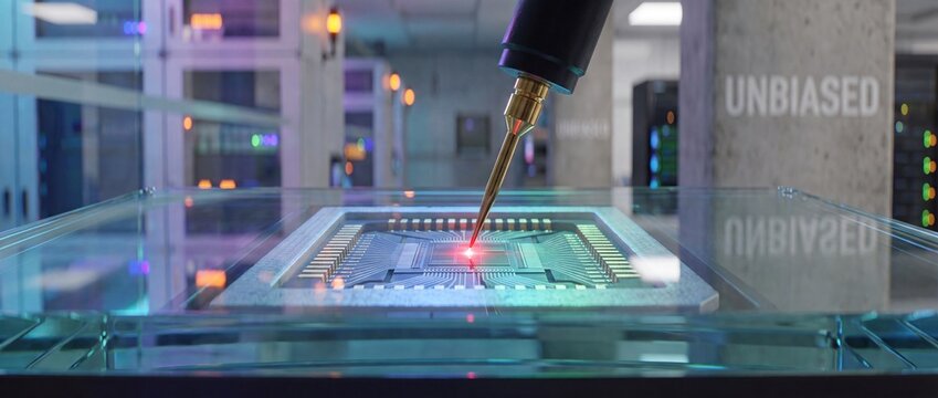 Robotic microchip testing semiconductor probe manufacturing computer processor in high tech laboratory server room representing precision hardware engineering and unbiased artificial intelligence deve