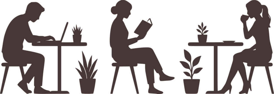 People sitting and working silhouettes vector. Professional and casual characters reading, using laptops, and drinking coffee, lifestyle minimalist black shapes isolated on white background.