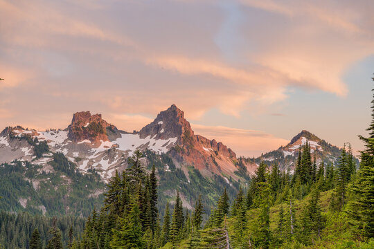 Snowy mountain peaks and evergreen forest in warm late-day light