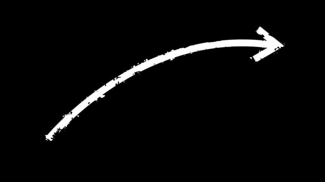 Hand drawn red brush arrow curving upward to the right on a clean white background animation. Hand drawn thin arrow graphic animation. Alpha channel. Arrow animation on a transparent background.