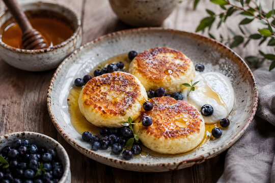 Authentic Russian syrniki made from fresh tvorog cheese with wild blueberries, sour cream and forest honey on a rustic ceramic plate in soft morning light, ultra realistic gourmet breakfast.
