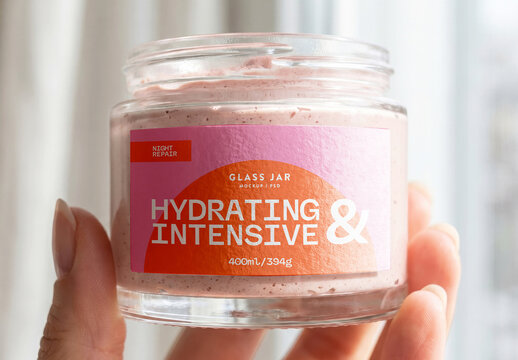 Hand Holding Skincare Jar Mockup Near Window