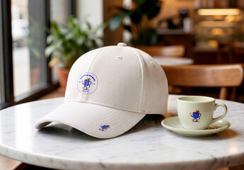 Baseball Cap Mockup on Cafe Table with Coffee Cup