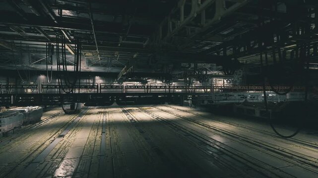 Empty arena floor bathed in spotlight, preshow technical setup with overhead rigging, catwalk silhouettes, scattered cables, low haze, dramatic shadows