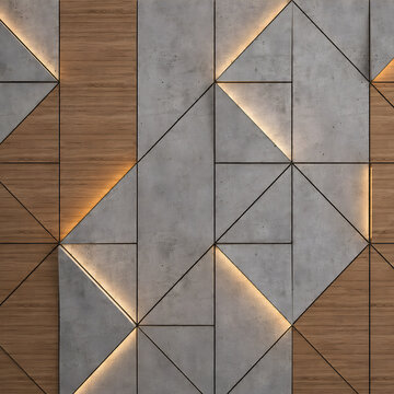 Modern Geometric Concrete and Wooden Wall Panel Background with Warm LED Lighting, Luxury 3D Architectural Texture
