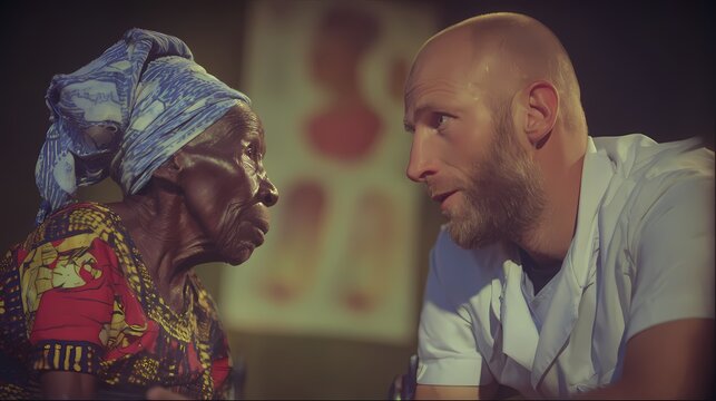 Doctor talks to an elderly woman in a clinic.