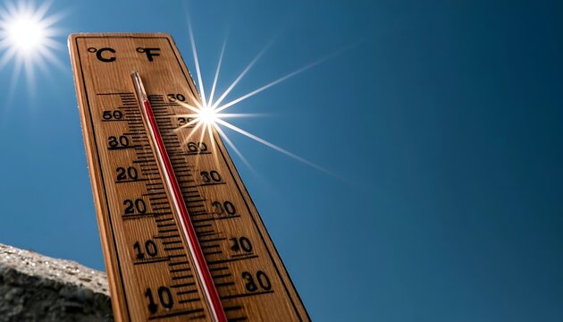Thermometer Showing High Temperature Under Bright Sunlight and Clear Blue Sky.