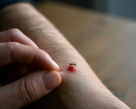 An ant biting an inflamed red lesion on a person's arm, mimicking a flea, spider, or tick bite, symbolizing immediate pain, nature threats, and skin vulnerability.