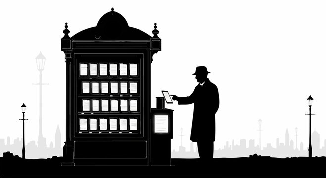 Man in fedora interacts with a vintage vending machine on a city street.