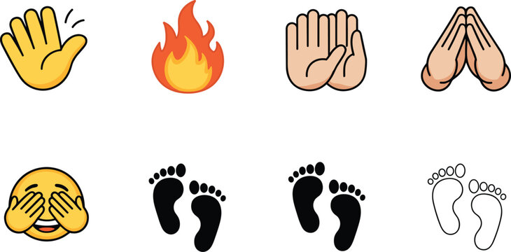 Human Gesture and Symbol Icon Set Featuring Raised Hand Fire Flame Praying Hands Facepalm and Footprint Variations for Communication Sign and Expression Design