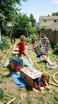 Children playing an obstacle course in a backyard