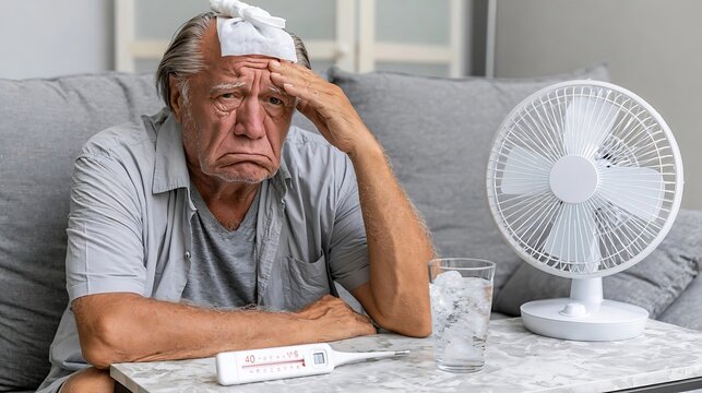 Elderly Man Feeling Unwell with Fever and Cold Compress on Forehead.