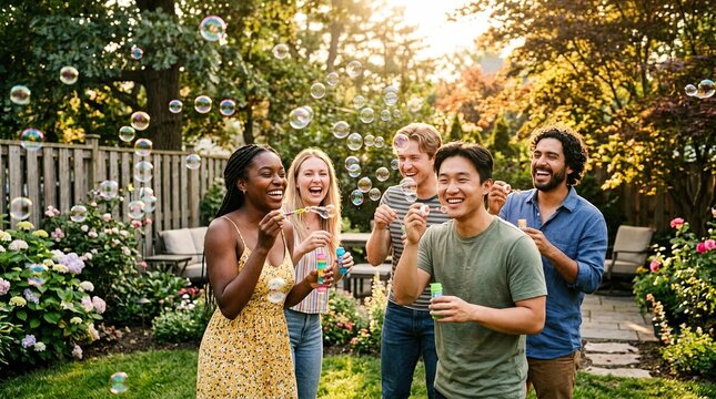 Diverse friends blowing bubbles in a sunny backyard garden