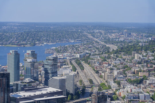 Seattle cityscape with highway and Lake Union