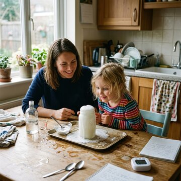 Mother and daughter doing a science experiment at home