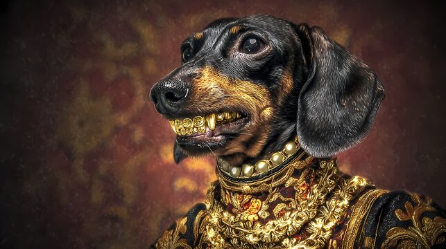 Dachshund dog wears a fancy gold ornate collar.