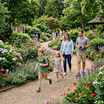 Family enjoys a walk in a vibrant flower garden