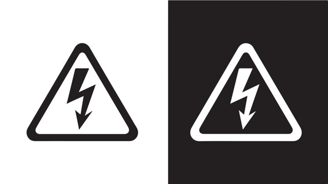 High voltage warning signs with lightning bolt and arrow in triangle on white and black background