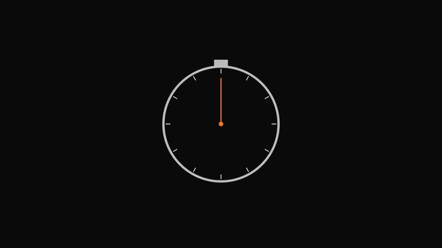 Minimalist stopwatch timer animation with moving second hand on 4k black background, clock countdown