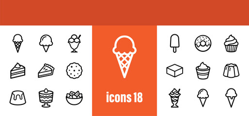 Desserts Icons: Ice Cream, Cake, Pie, Cookie, Donut, Cupcake, Jello, Pudding