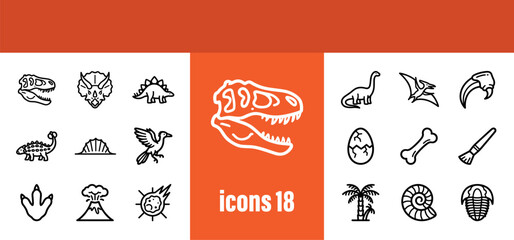 Dinosaur Icons: T-Rex, Triceratops, Stegosaurus, Pterodactyl, Egg, Bone © liubomir118809