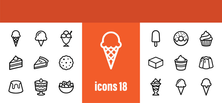Desserts Icons: Ice Cream, Cake, Pie, Cookie, Donut, Cupcake, Jello, Pudding