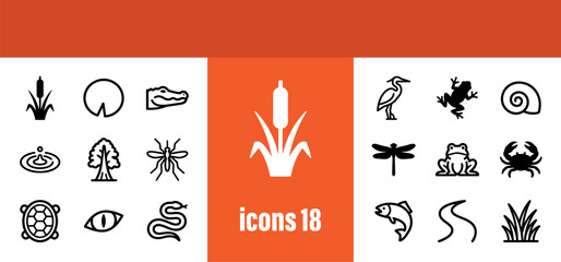 Wetland Ecosystem and Wildlife Outline Icons Set for Nature and Environment. © liubomir118809