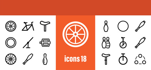 A collection of simple line icons representing circus acts, equipment, and performers. © liubomir118809