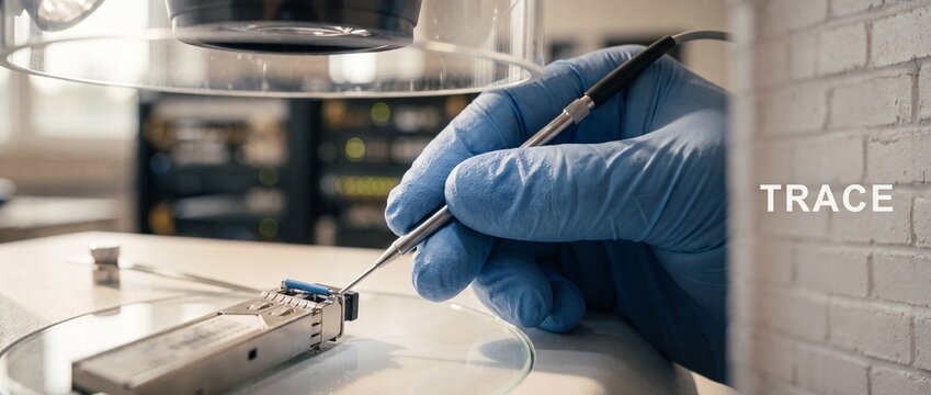 Technician hand testing electronic microchip under microscope probe in a laboratory, focusing on precision microelectronics engineering, hardware diagnostics, transceiver assembly, and quality control