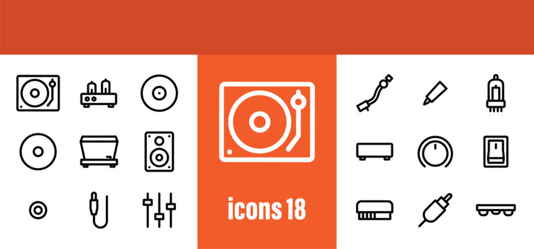 Audio Icons Set: Turntable, Vinyl Record, Amplifier, Speaker, Cable, Mixer