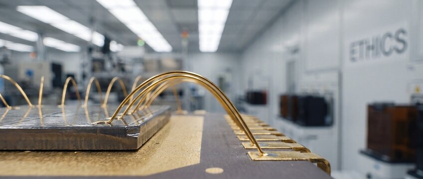 Semiconductor chip gold wire bonding in high-tech cleanroom facility for advanced microelectronics manufacturing, technology ethics research, quantum computing processor engineering.
