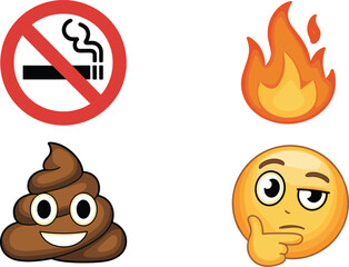 Fototapeta premium Prohibition and Reaction Icon Set Featuring No Smoking Symbol Fire Flame Poop Emoji and Thinking Face for Warning Sign and Expression Design