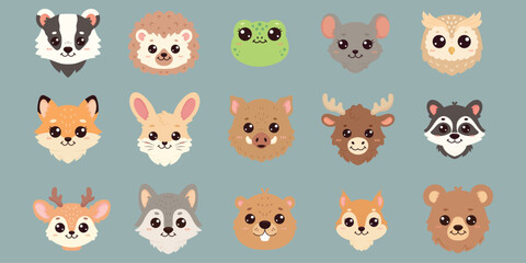 Obraz premium Forest Animal Faces, Badger Fox Owl Rabbit Bear Deer Wolf Kawaii Woodland Animal Heads