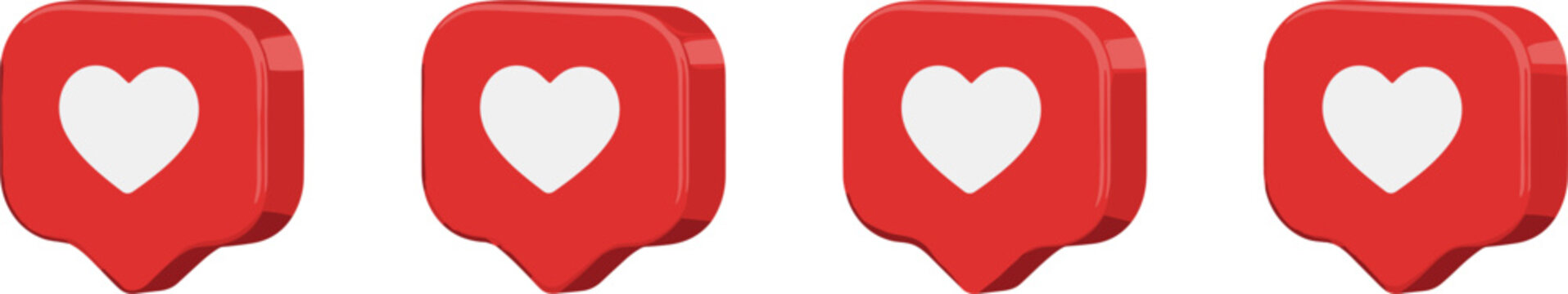 Red 3D social media heart notification icon set for digital marketing engagement likes and online community feedback communication featuring glossy speech bubble designs.