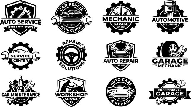 Auto service logo templates vector. Car repair workshop emblems with mechanic tools, wrench, gear, and automotive maintenance garage silhouette graphics isolated on clean white background.