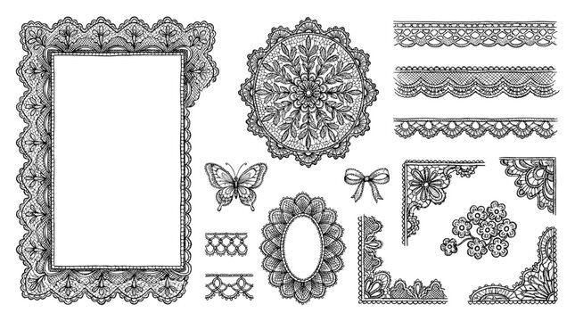 Vintage hand drawn black ink lace frame and divider set for wedding invitation, isolated on white