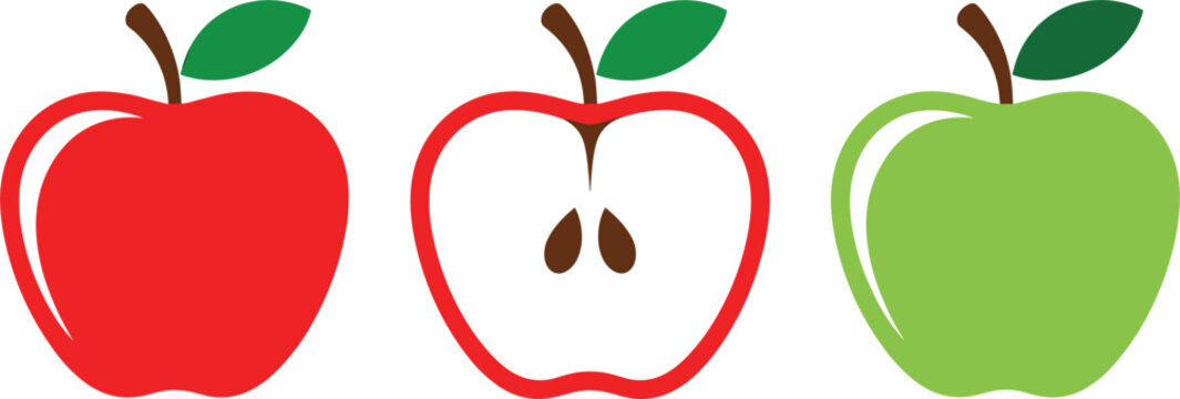 Set of fresh red and green apple vector icons including a whole fruit and a sliced half with seeds isolated on white background.
